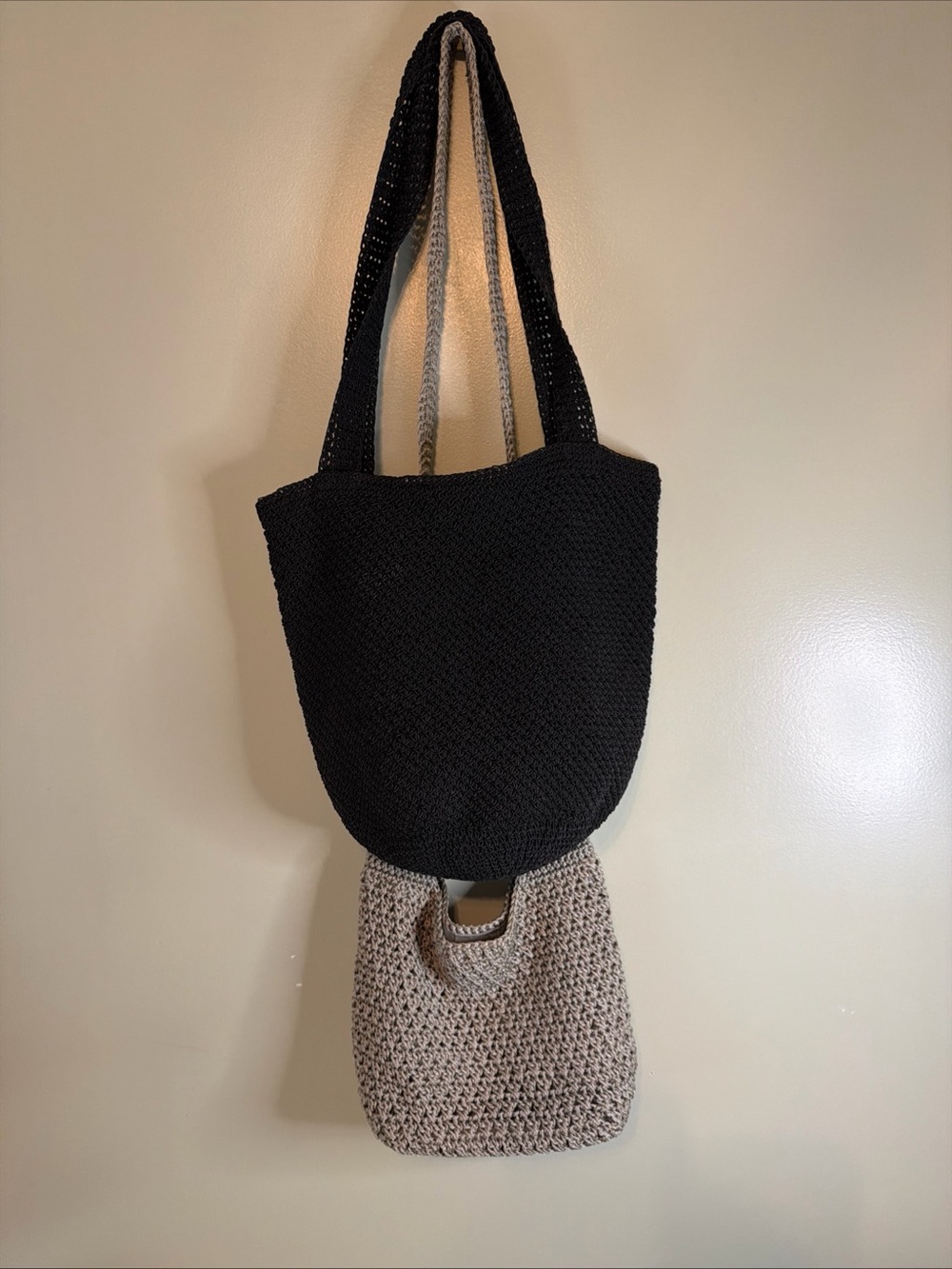 Lot of 2 Crochet Shoulder Tote Bags Black & Taupe Boho Knit Beach Handmade Style